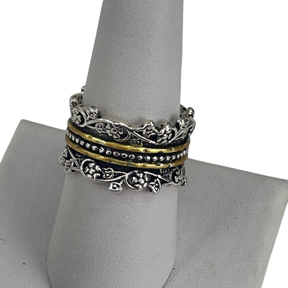 Ornate Floral Ring Sterling Silver and Brass Womens Size 8 - Picture 4 of 7